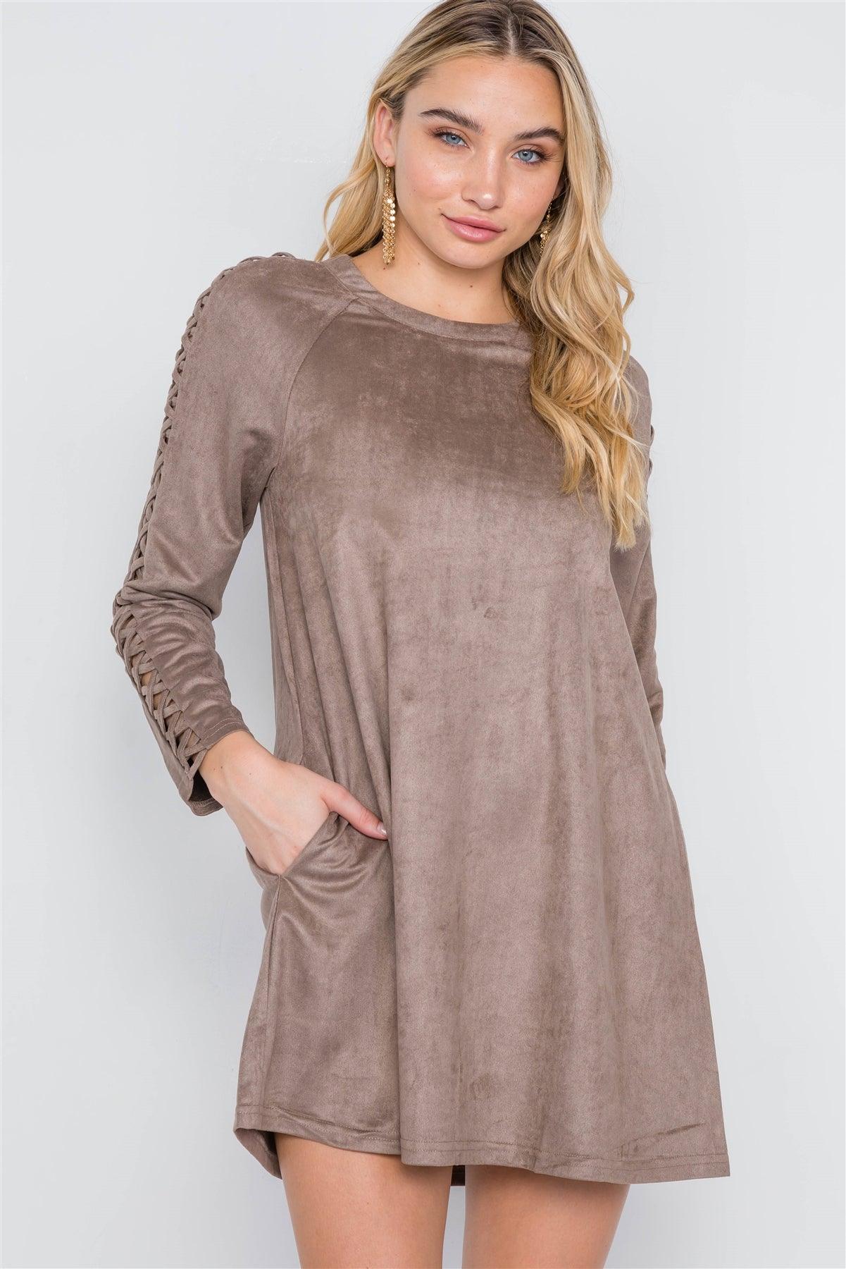 Grey Taupe Faux Suede Strap Sleeves Mini Shirt Dress /1-2-1