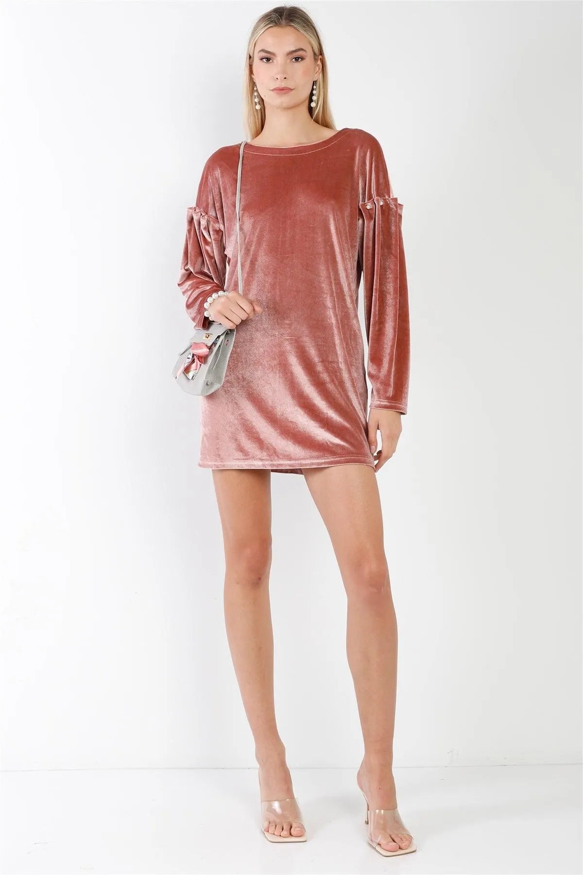 Mauve Velvet Long Sleeve Pearl Detail Mini Dress - Tasha Apparel Wholesale