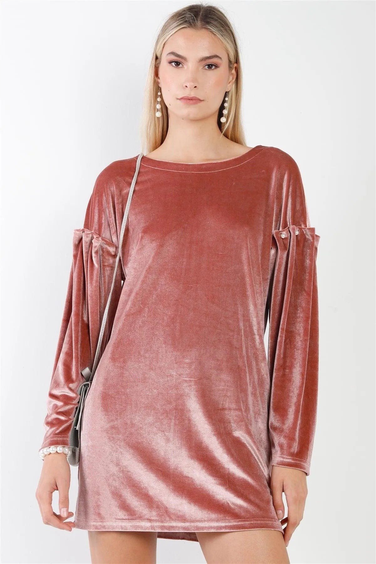 Mauve Velvet Long Sleeve Pearl Detail Mini Dress - Tasha Apparel Wholesale