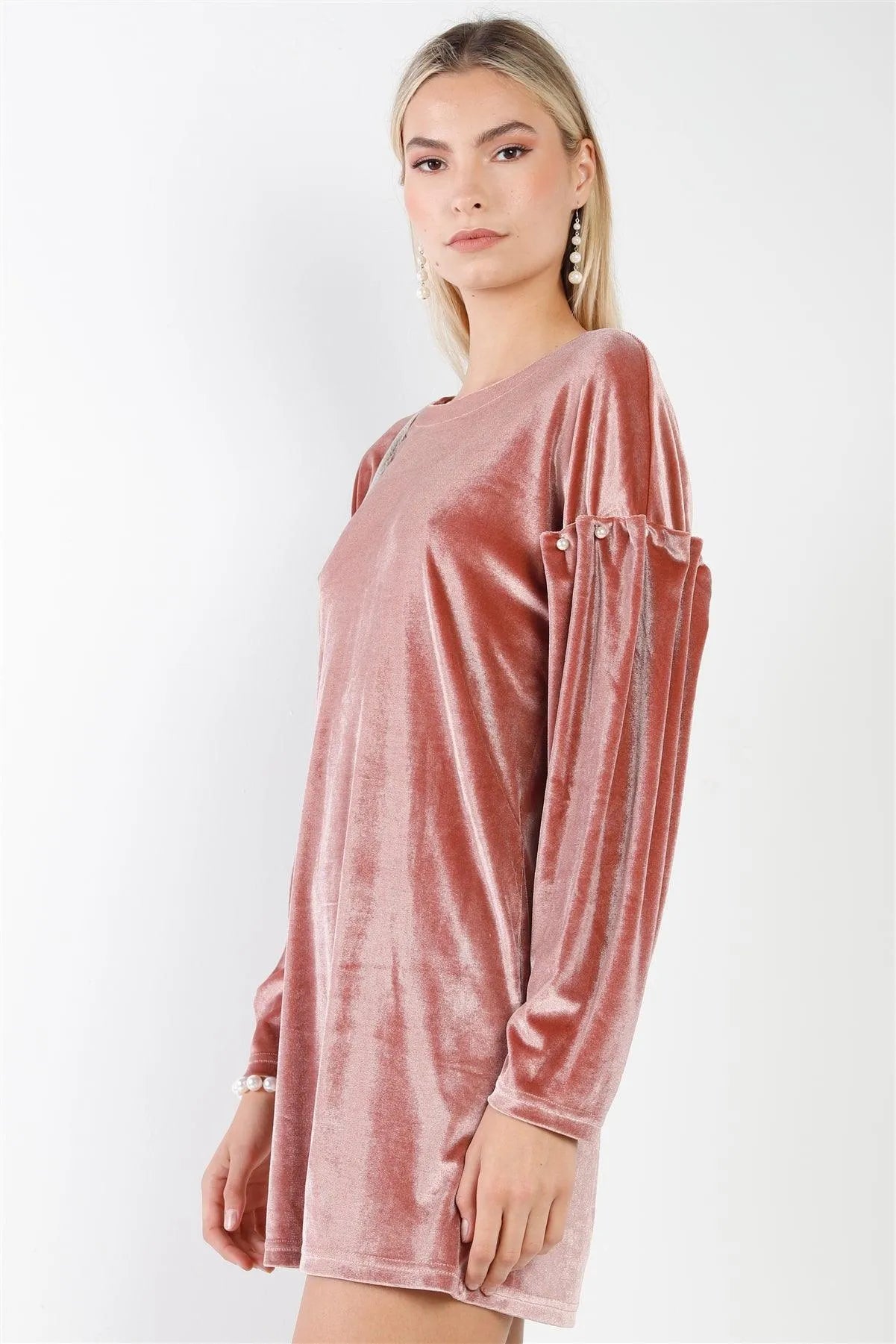 Mauve Velvet Long Sleeve Pearl Detail Mini Dress - Tasha Apparel Wholesale