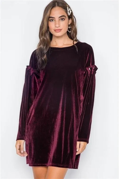 Wine Velvet Long Sleeve Pearl Detail Mini Dress - Tasha Apparel Wholesale