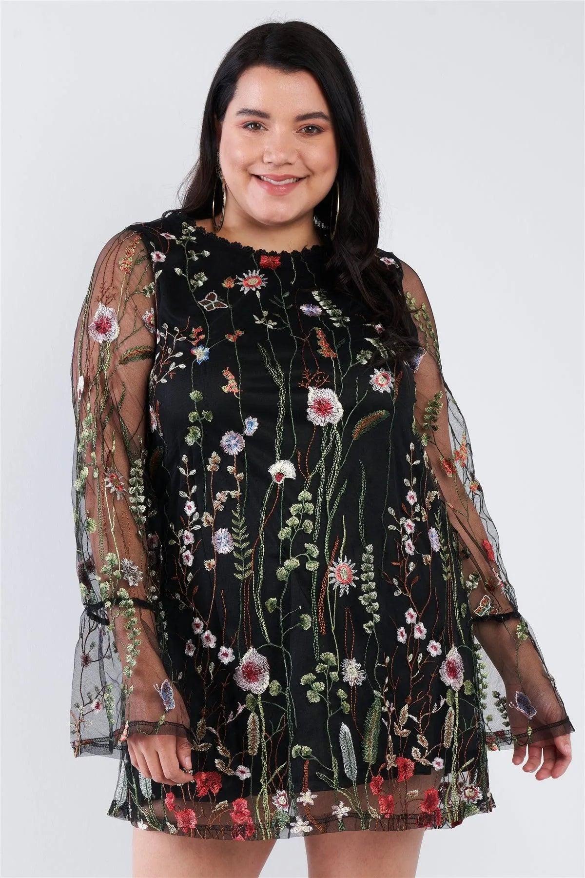 Junior Plus Size Black Floral Mix Sheer Mock Lace Neck Mini Dress /3-2-1 - Tasha Apparel Wholesale