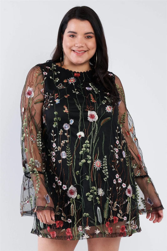 Junior Plus Size Black Floral Mix Sheer Mock Lace Neck Mini Dress /3-2-1 - Tasha Apparel Wholesale