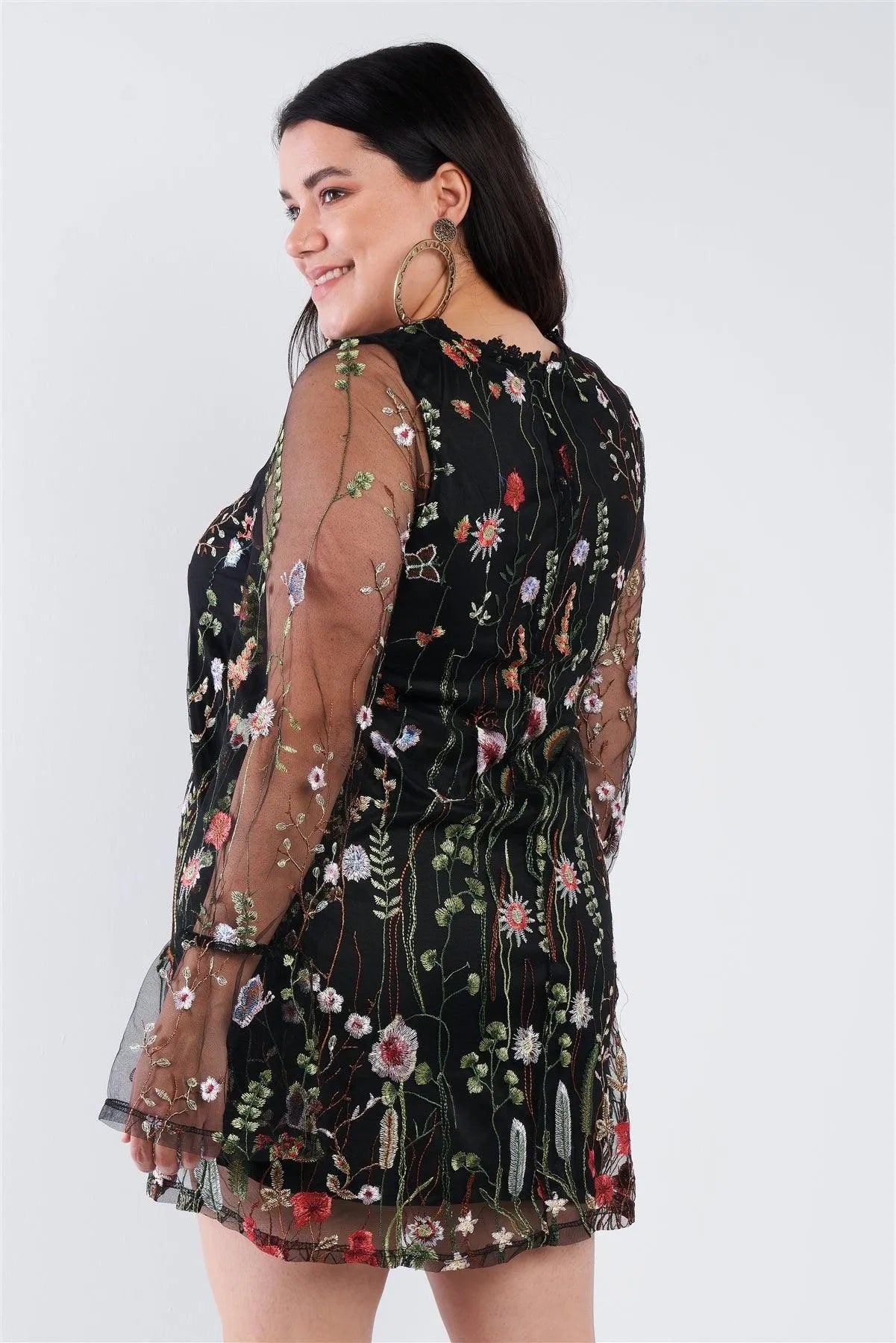 Junior Plus Size Black Floral Mix Sheer Mock Lace Neck Mini Dress /3-2-1 - Tasha Apparel Wholesale