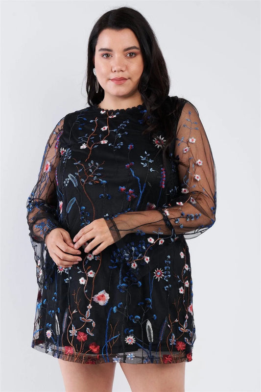 Plus Size Blue Floral Mix Sheer Mock Lace Neck Mini Dress /3-2 - Tasha Apparel Wholesale