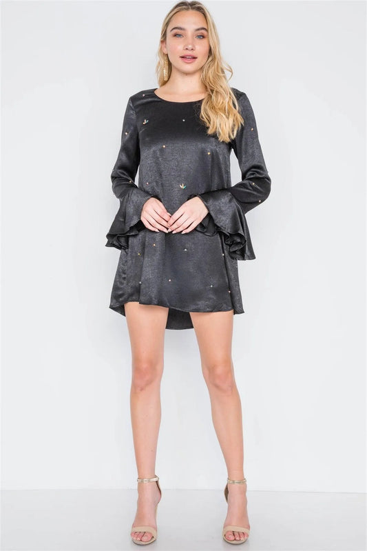 Black Long Bell Sleeves Rhinestone Mini Dress /3-3 - Tasha Apparel Wholesale