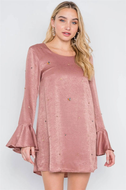 Mauve Bell Sleeves Rhinestone Mini Dress /2-2-2 - Tasha Apparel Wholesale