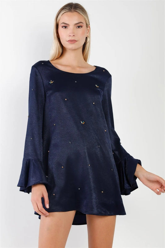 Navy Bell Sleeves Rhinestone Mini Dress /2-2 - Tasha Apparel Wholesale
