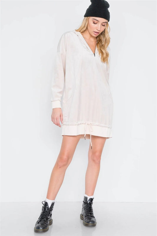 Beige Velvet Long Sleeve Hooded Mini Shirt Dress /2-3-2 - Tasha Apparel Wholesale