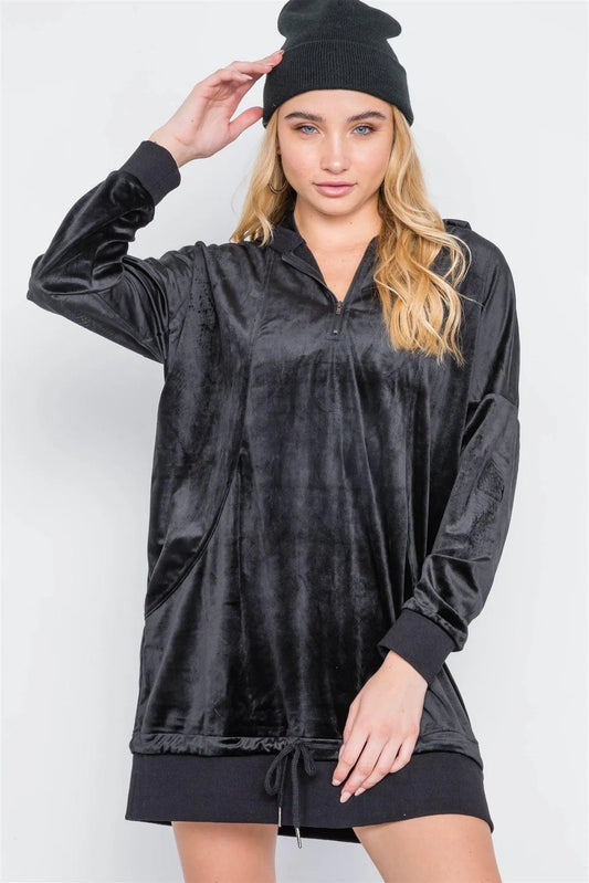 Black Velvet Long Sleeve Hooded Mini Shirt Dress /1-2-2 - Tasha Apparel Wholesale