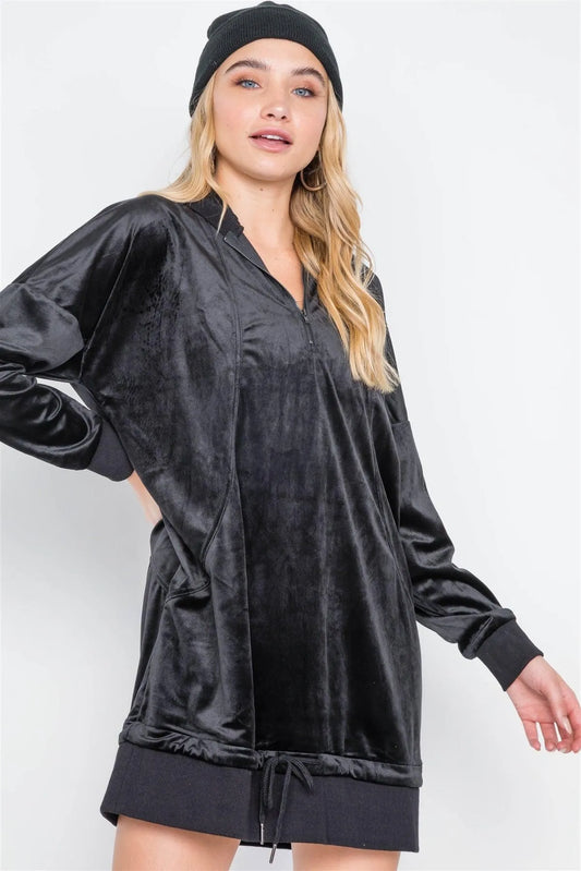 Black Velvet Long Sleeve Hooded Mini Shirt Dress /2-2-2 - Tasha Apparel Wholesale
