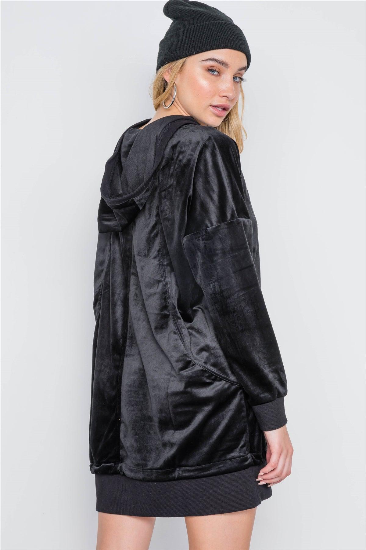 Black Velvet Long Sleeve Hooded Mini Shirt Dress /2-2-2