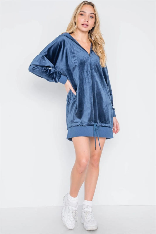 Navy Velvet Long Sleeve Hooded Mini Shirt Dress /2-2-3 - Tasha Apparel Wholesale