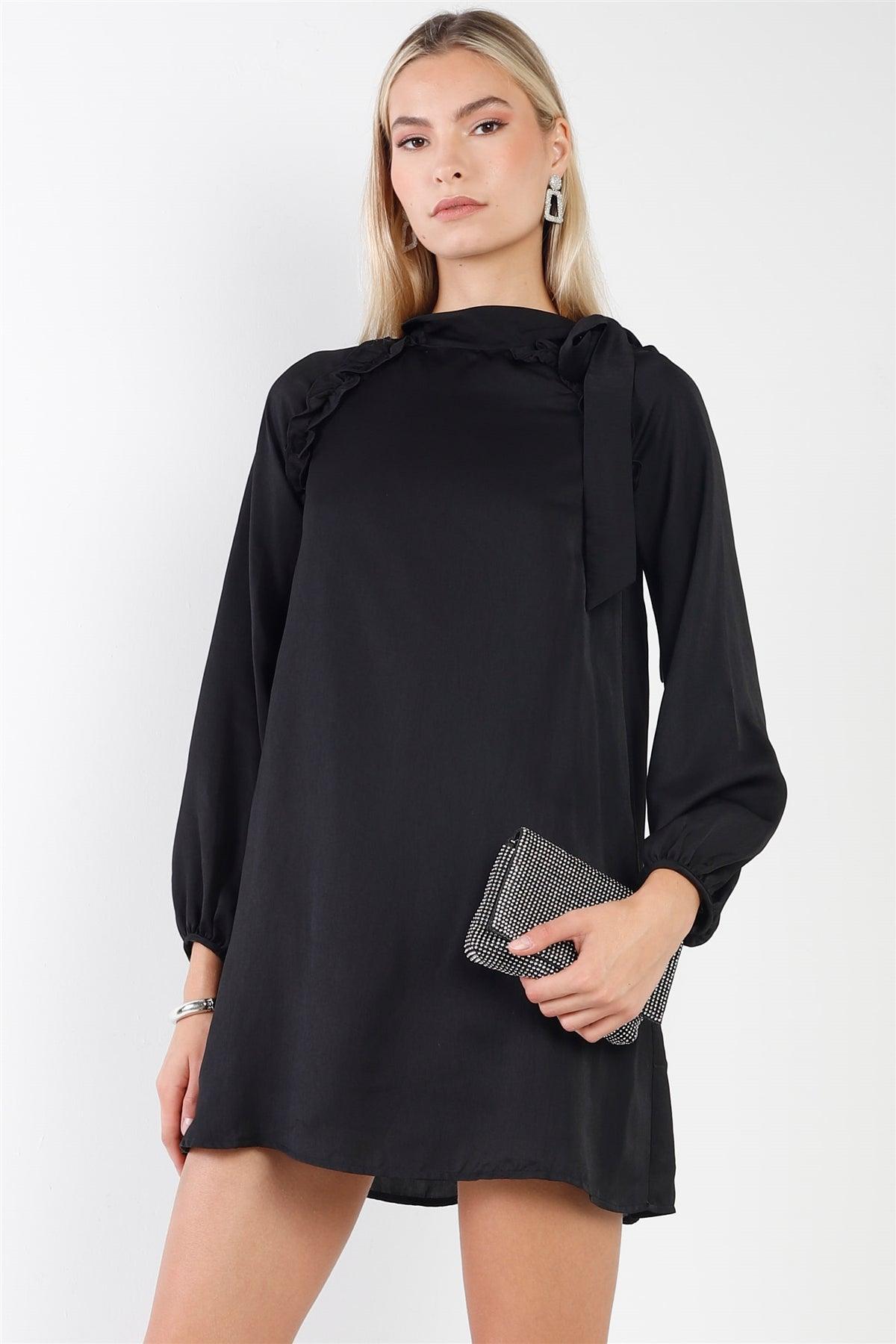 Black Satin Long Sleeve Side-Tie Mini Dress /2-2-2