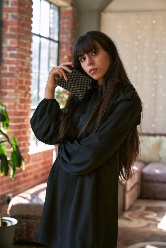 Black Satin Long Balloon Puff Sleeve Side-Tie Mini Dress /2-3-2 - Tasha Apparel Wholesale