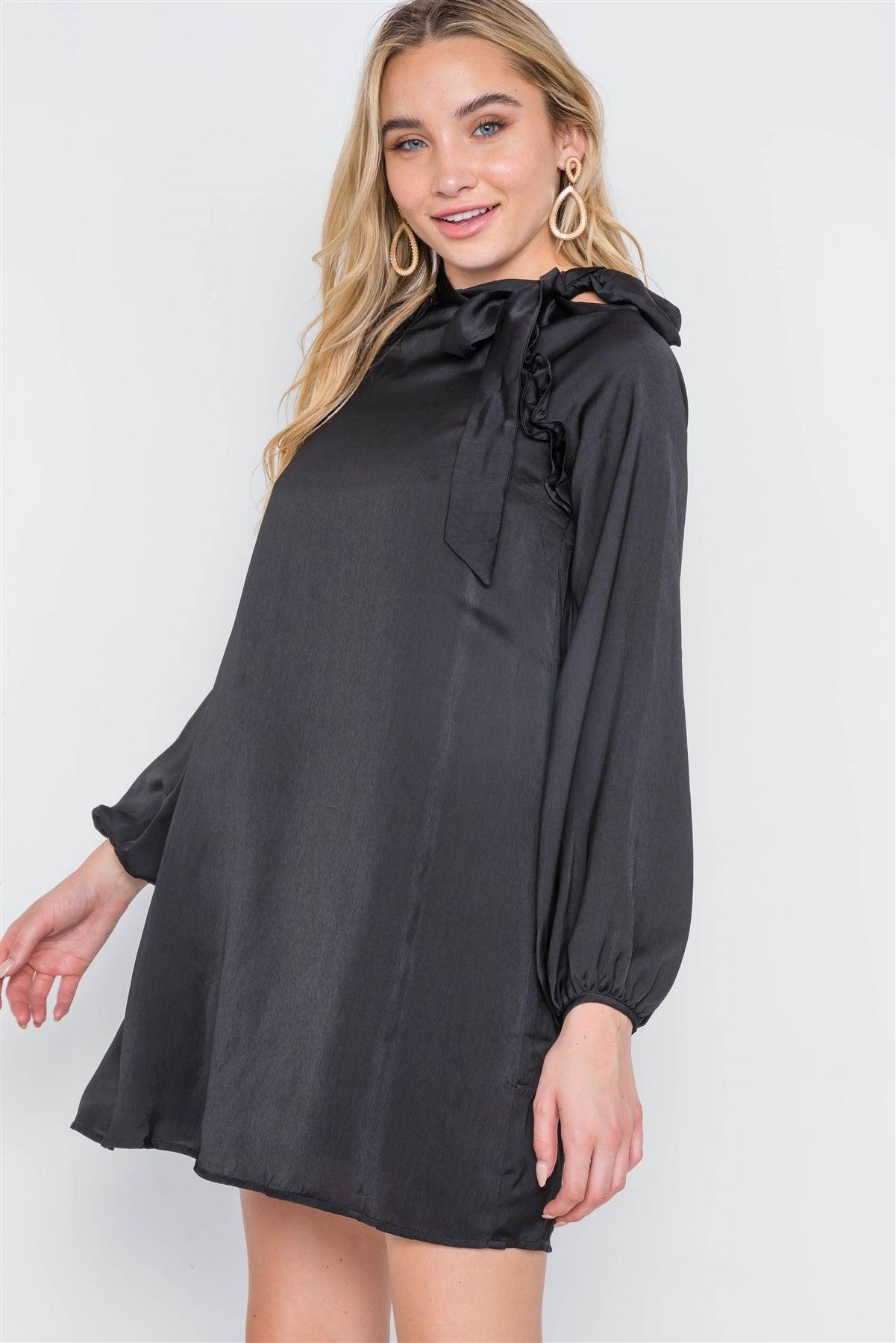 Black Satin Long Balloon Puff Sleeve Side-Tie Mini Dress /2-3-2