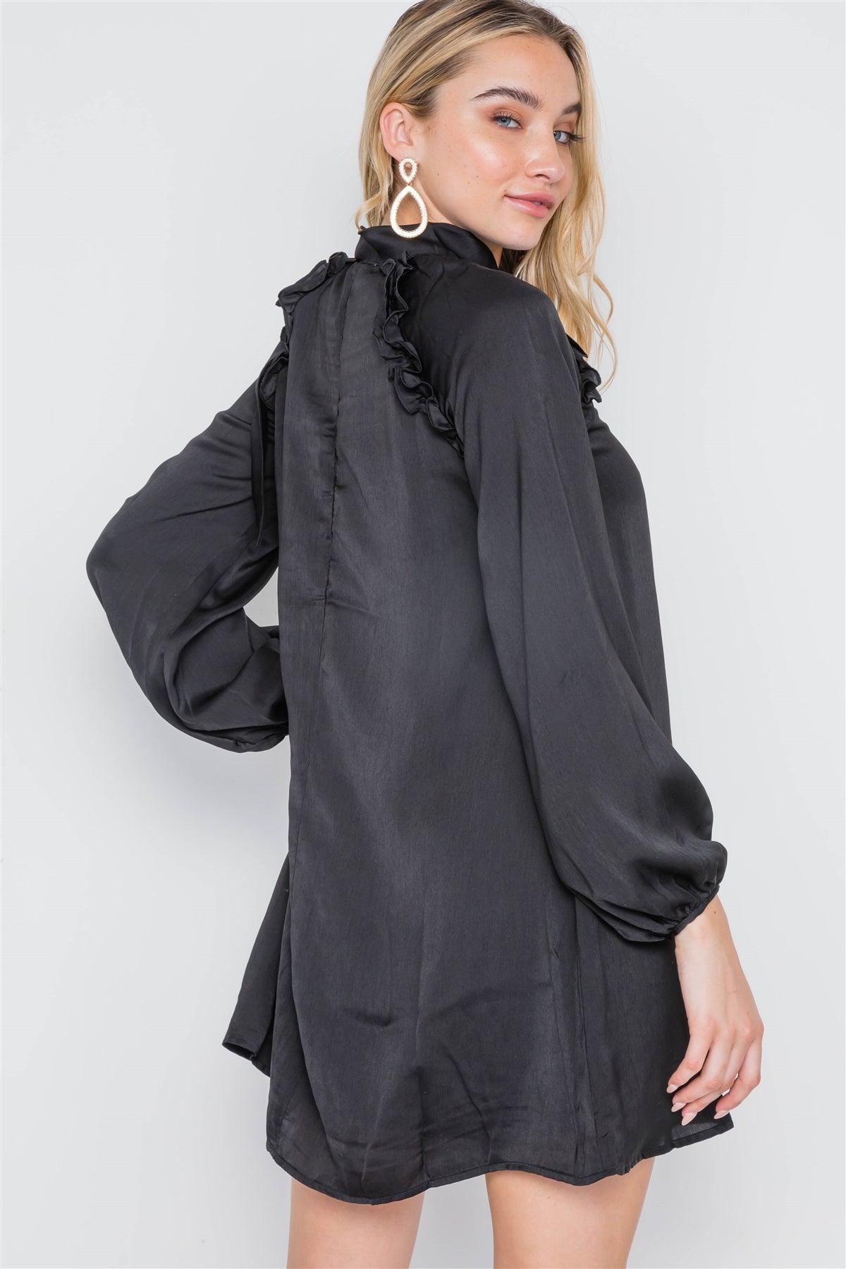 Black Satin Long Balloon Puff Sleeve Side-Tie Mini Dress /2-3-2