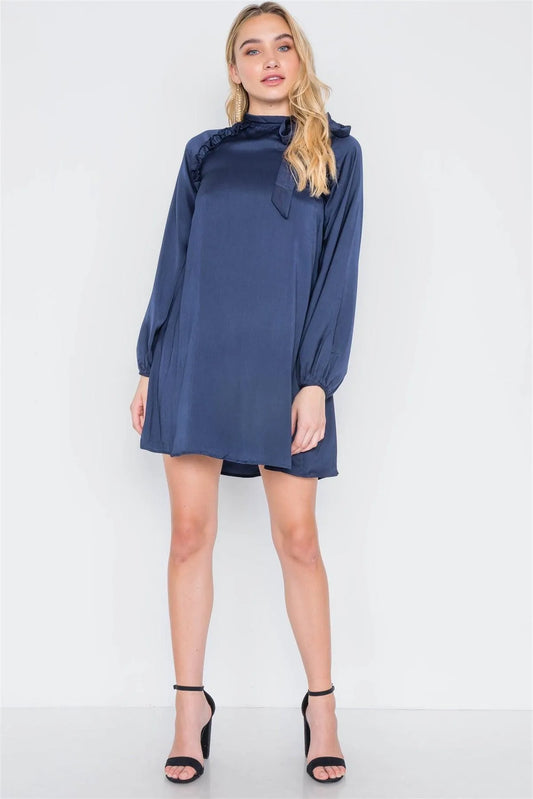 Navy Satin Long Balloon Puff Sleeve Side-Tie Mini Dress /2-2 - Tasha Apparel Wholesale