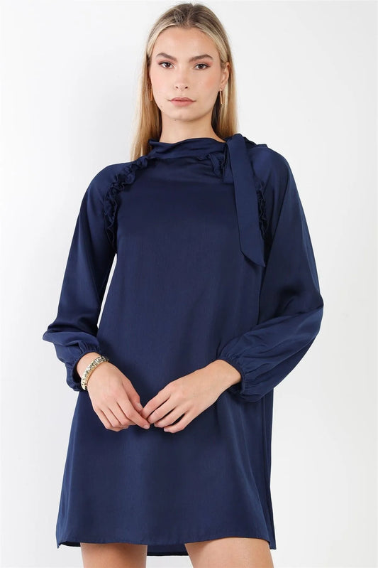 Navy Satin Long Balloon Puff Sleeve Side-Tie Mini Dress /2-2-2 - Tasha Apparel Wholesale