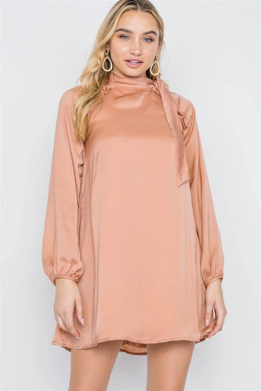 Taupe Satin Long Balloon Puff Sleeve Side-Tie Mini Dress /2-2 - Tasha Apparel Wholesale