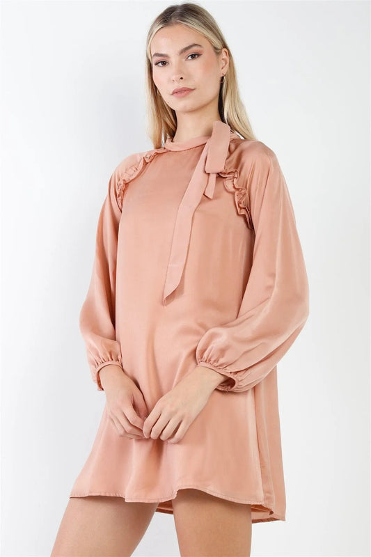 Taupe Satin Long Balloon Puff Sleeve Side-Tie Mini Dress /2-2-2 - Tasha Apparel Wholesale