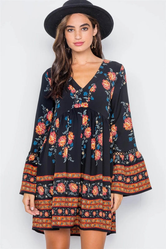 Black Floral Print V-Neck Loose Fit Boho Dress / 2-2-2 - Tasha Apparel Wholesale