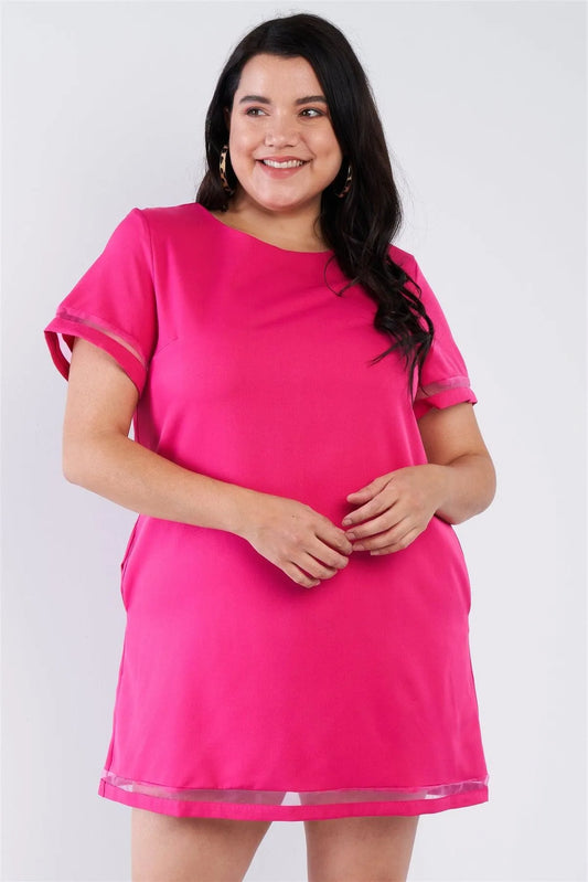 Junior Plus Size Fuchsia Pink Sheer Trim Short Sleeve Mini Shift Dress /3-2-1 - Tasha Apparel Wholesale
