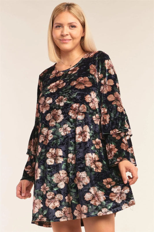 Junior Plus Size Black Floral Print Velvet Long Layered Hem Sleeve Mini Dress /3-2-1 - Tasha Apparel Wholesale