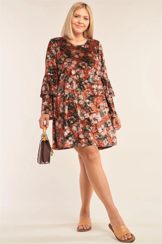 Junior Plus Size Rust Floral Print Velvet Long Layered Hem Sleeve Mini Dress /3-2-1 - Tasha Apparel Wholesale