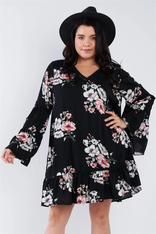 Black Plus Size Floral Mini Dress /2-2-1 - Tasha Apparel Wholesale