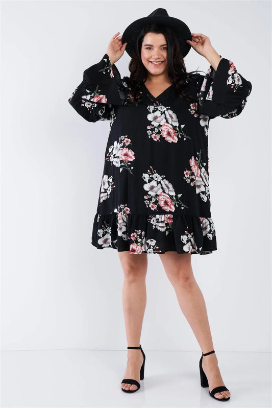Black Plus Size Floral Mini Dress /3-2-1 - Tasha Apparel Wholesale