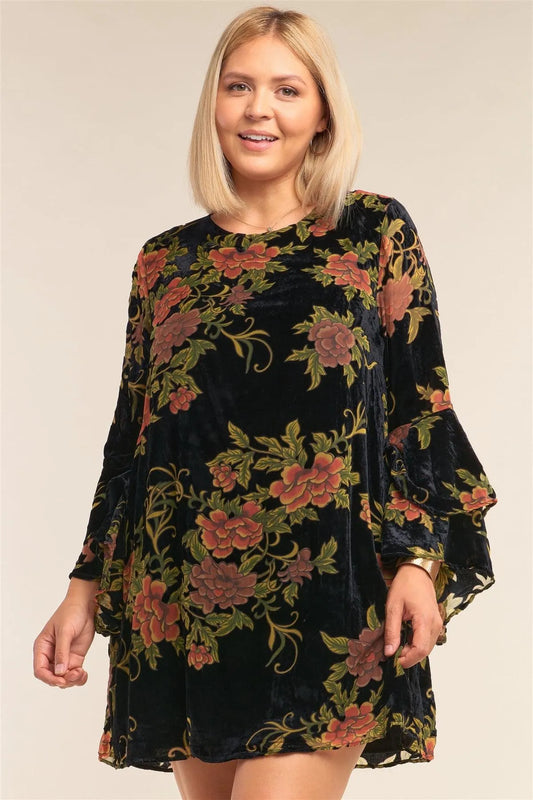Junior Plus Size Black Velvet Floral Pattern Long Angel Sleeve Round Neck Relaxed Fit Mini Dress /3-2-1 - Tasha Apparel Wholesale