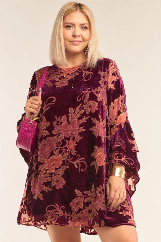 Junior Plus Size Wine Red Velvet Floral Pattern Long Angel Sleeve Round Neck Relaxed Fit Mini Dress /3-2-1 - Tasha Apparel Wholesale