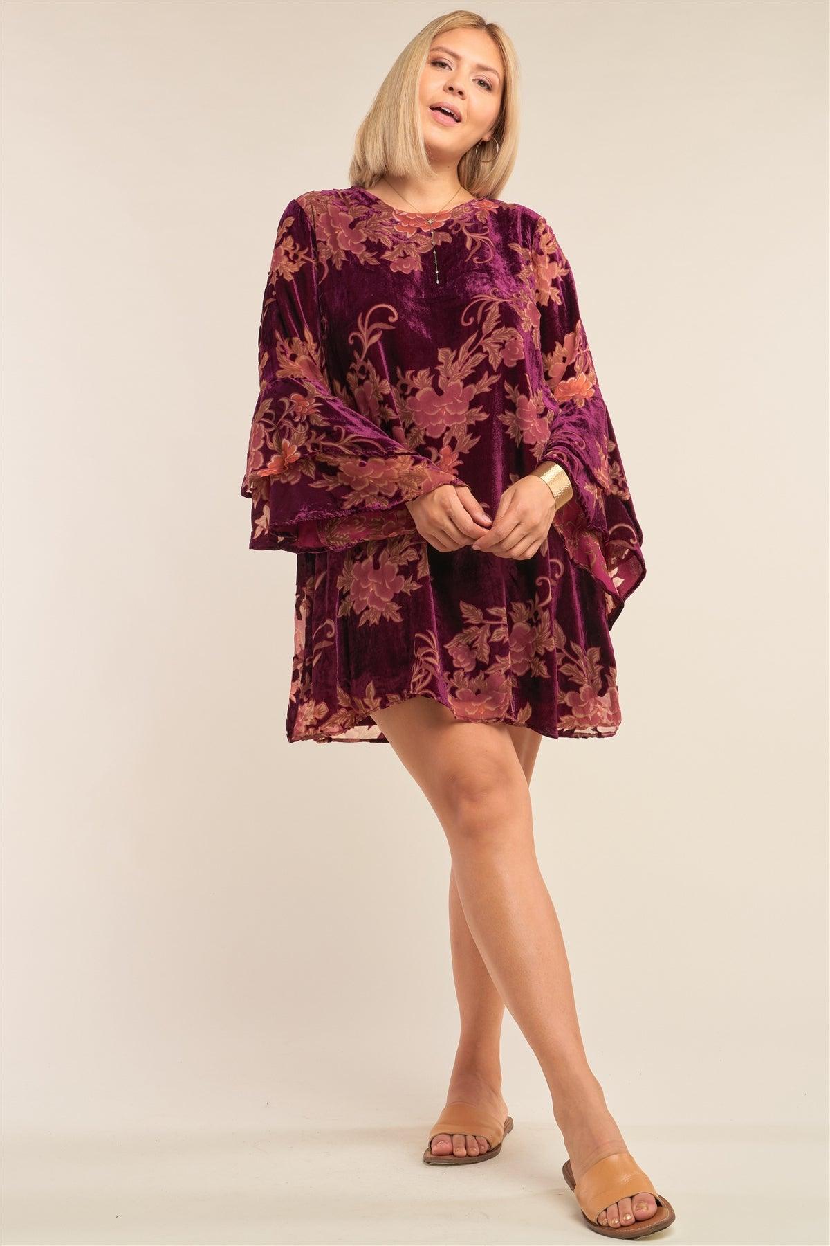 Junior Plus Size Wine Red Velvet Floral Pattern Long Angel Sleeve Round Neck Relaxed Fit Mini Dress /3-2-1