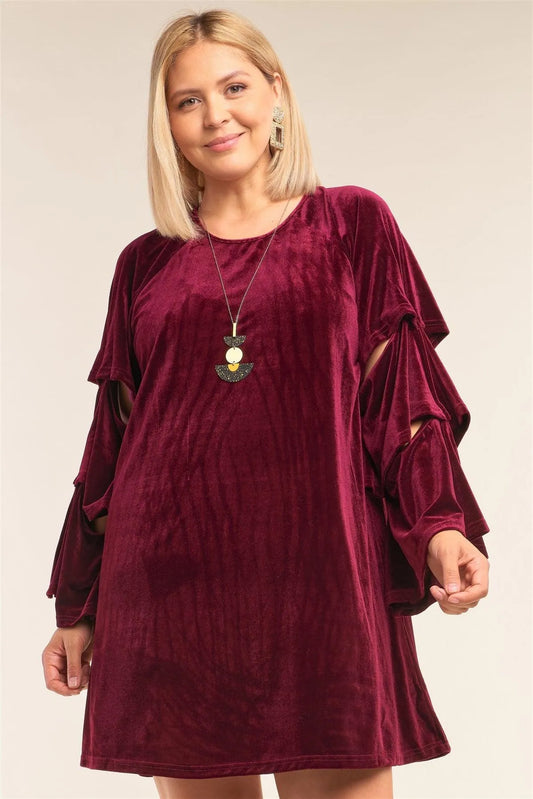 Junior Plus Size Lady Macbeth Wine Red Velvet Relaxed Fit Cut-Out Detail Layered Long Sleeve Mini Dress /3-2-1 - Tasha Apparel Wholesale