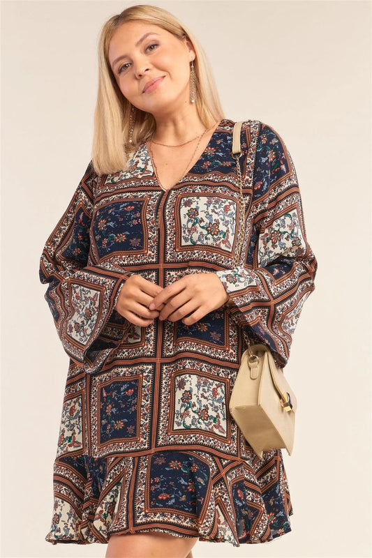 Junior Plus Size Navy Mix Loose Fit V-Neck Scarf Print Long Sleeve Flounce Hem Mini Dress /3-2-1 - Tasha Apparel Wholesale