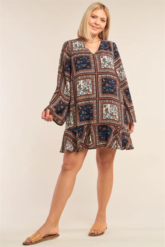 Junior Plus Size Navy Mix Loose Fit V-Neck Scarf Print Long Sleeve Flounce Hem Mini Dress /3-3-1 - Tasha Apparel Wholesale