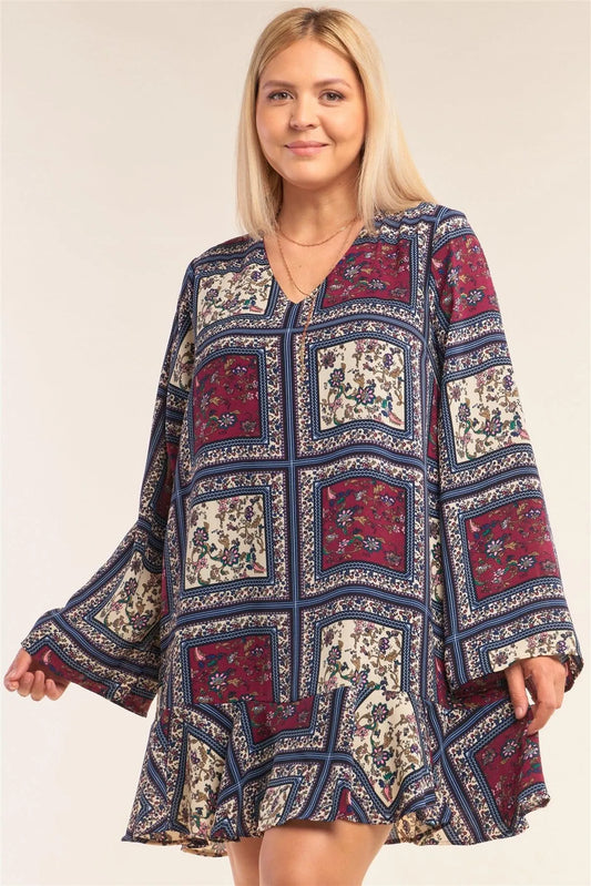 Junior Plus Size Wine Mix Loose Fit V-Neck Scarf Print Long Sleeve Flounce Hem Mini Dress /3-2-1 - Tasha Apparel Wholesale