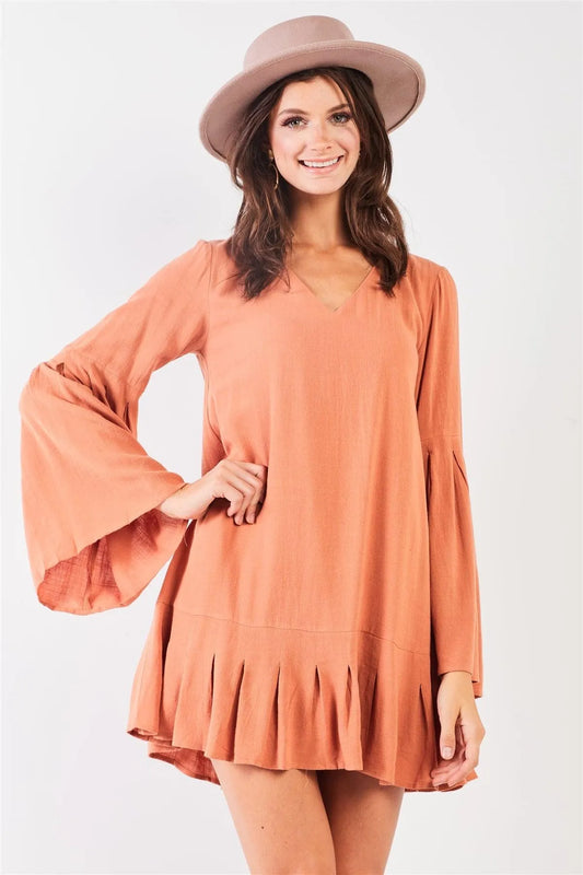 Camel Boho V-Neck Poet Sleeve Pleated Edge Detail Loose Fit Mini Dress /2-2-2 - Tasha Apparel Wholesale