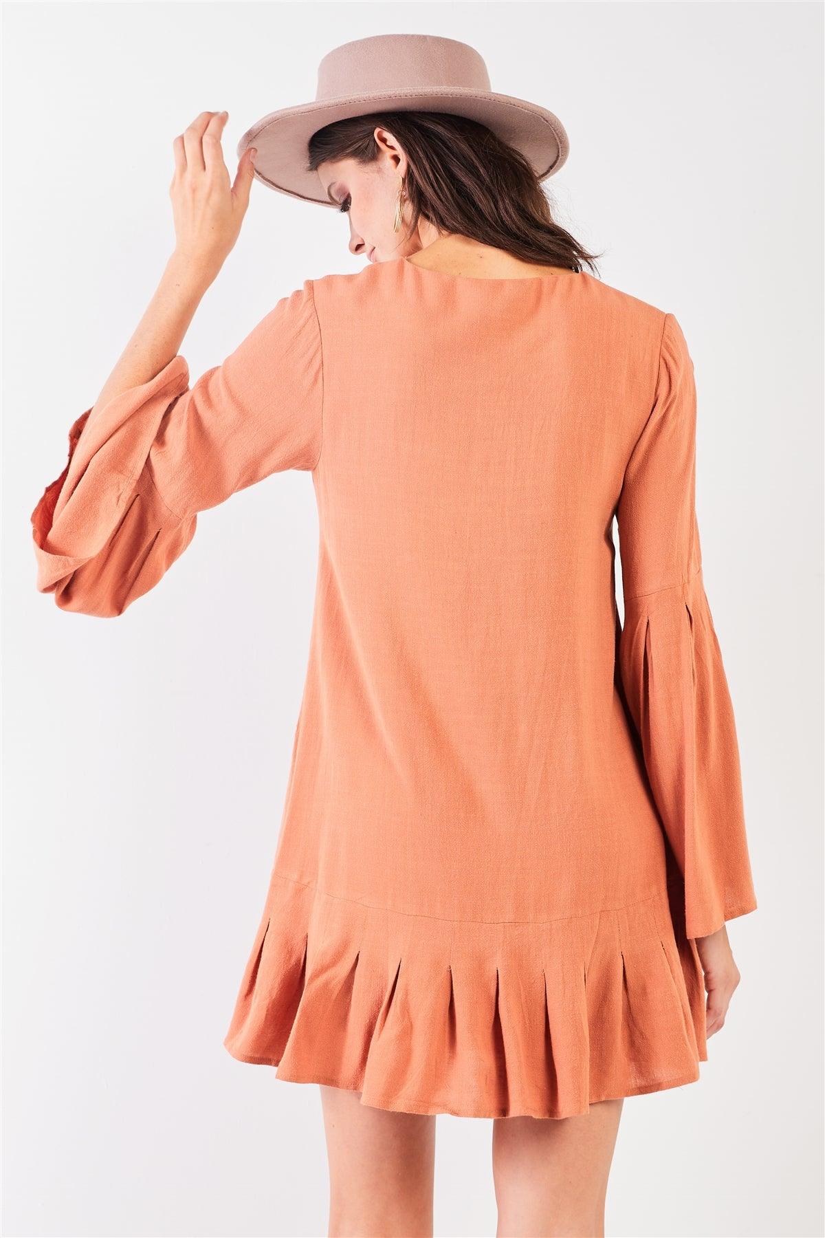 Camel Boho V-Neck Poet Sleeve Pleated Edge Detail Loose Fit Mini Dress /2-2-2