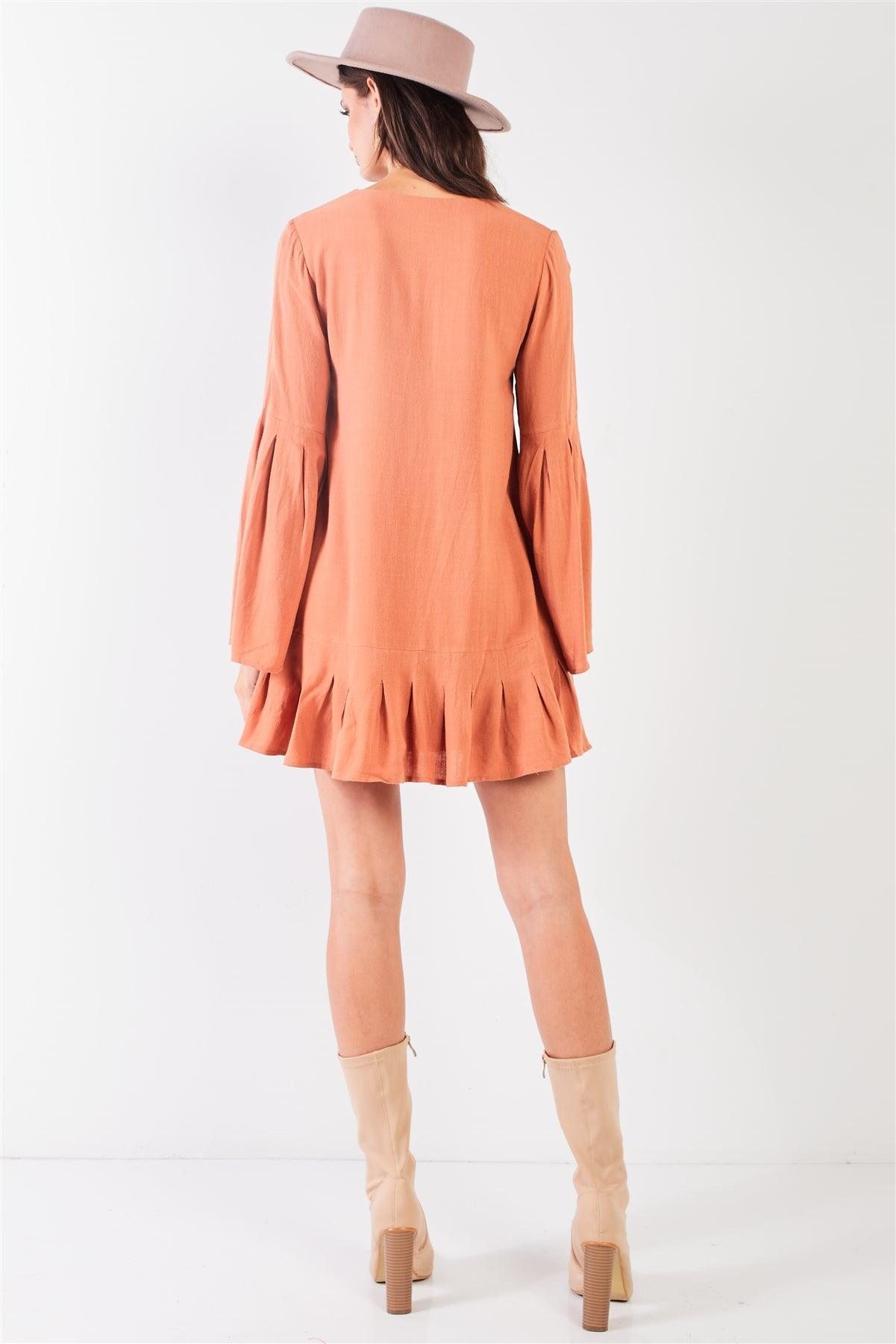 Camel Boho V-Neck Poet Sleeve Pleated Edge Detail Loose Fit Mini Dress /2-2-2