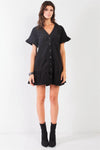 Black Corduroy V-Neck Short Ruffle Sleeve Dropped Waist Button Down Mini Dress /2-2-2 - Tasha Apparel Wholesale