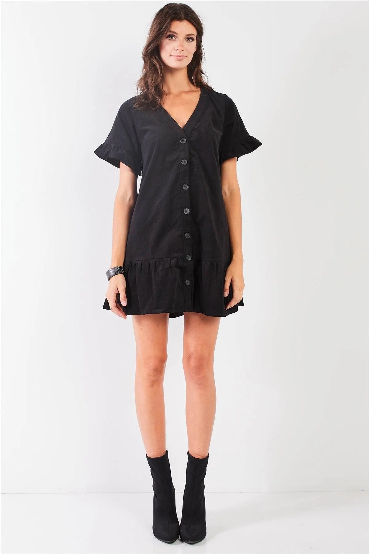 Black Corduroy V-Neck Short Ruffle Sleeve Dropped Waist Button Down Mini Dress /2-2-2 - Tasha Apparel Wholesale