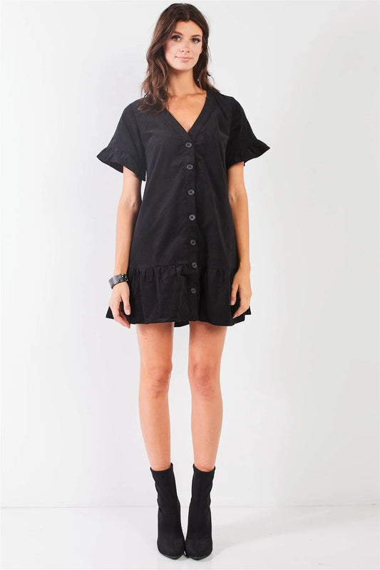 Black Corduroy V-Neck Short Ruffle Sleeve Dropped Waist Button Down Mini Dress /2-2-2 - Tasha Apparel Wholesale