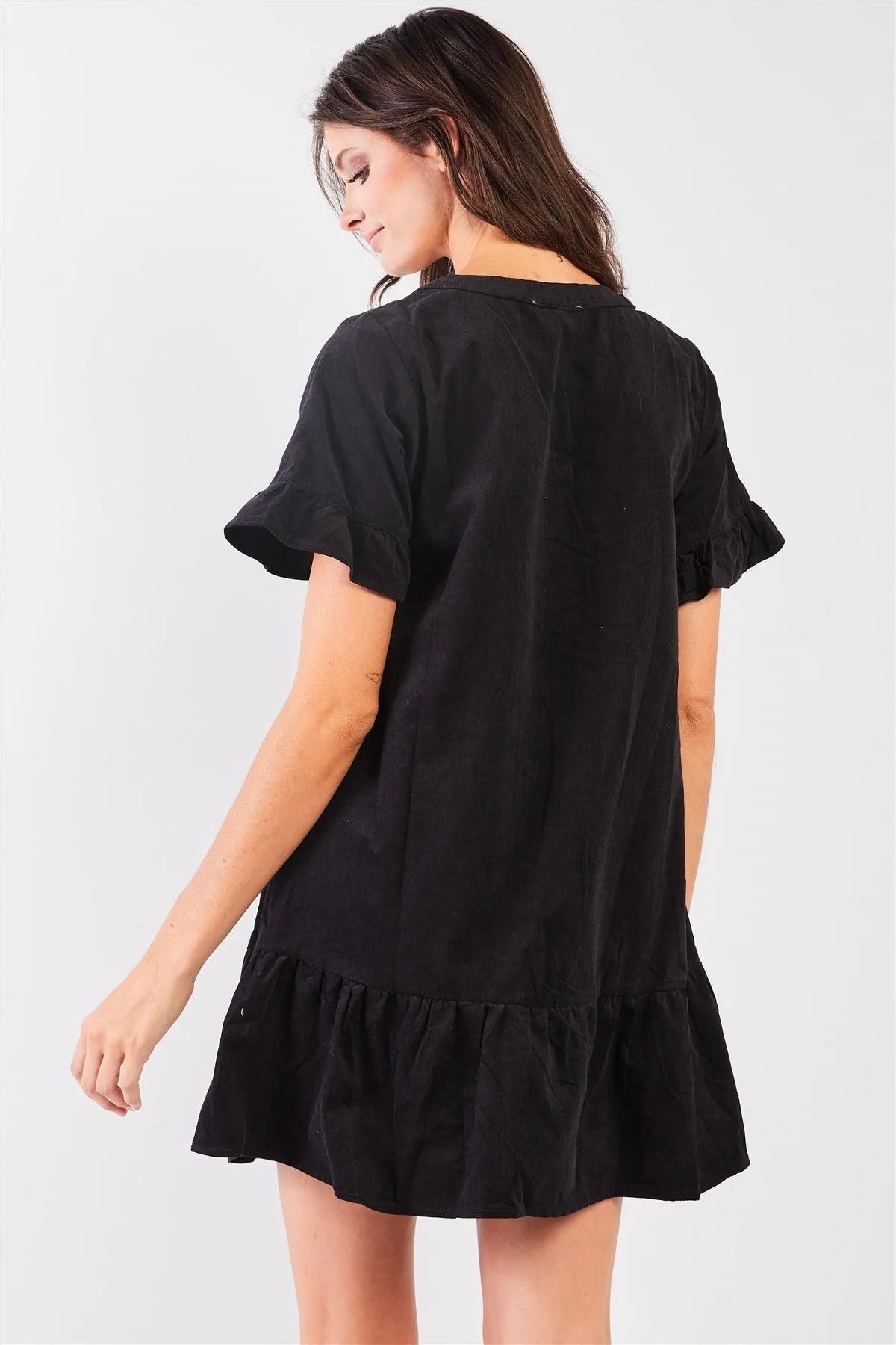 Black Corduroy V-Neck Short Ruffle Sleeve Dropped Waist Button Down Mini Dress /2-2-2 - Tasha Apparel Wholesale
