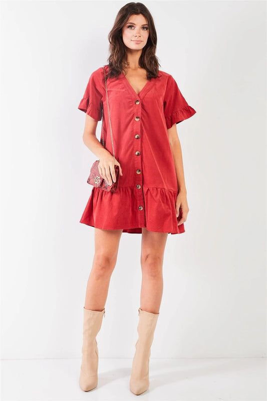Red Corduroy V-Neck Short Ruffle Sleeve Dropped Waist Button Down Mini Dress - Tasha Apparel Wholesale