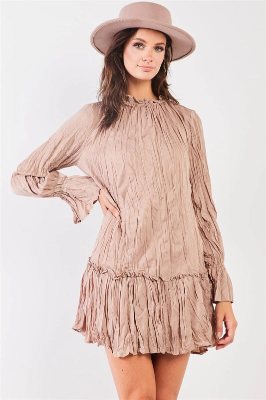 Mocha Wrinkle Pleat Mock Neck Long Trumpet Sleeve Dropped Waist Mini Dress /2-2-2 - Tasha Apparel Wholesale