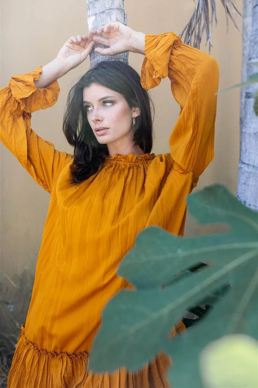 Mustard Wrinkle Pleat Mock Neck Long Trumpet Sleeve Dropped Waist Mini Dress /2-2-2 - Tasha Apparel Wholesale