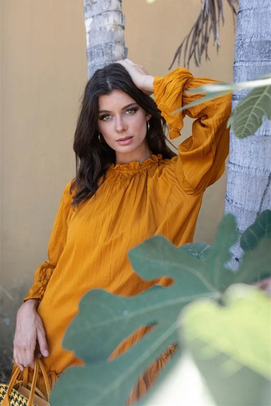 Mustard Wrinkle Pleat Mock Neck Long Trumpet Sleeve Dropped Waist Mini Dress /1-2-3 - Tasha Apparel Wholesale