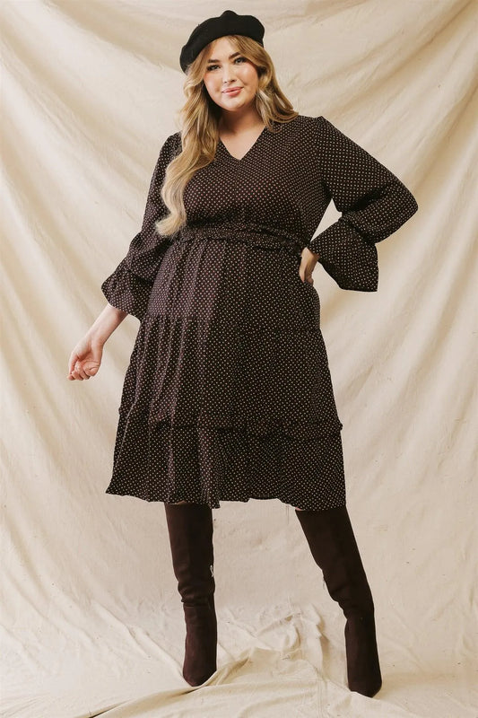 Junior Plus Black Printed Ruffle Detail V-Neck Flare Midi Dress /3-2-1 - Tasha Apparel Wholesale
